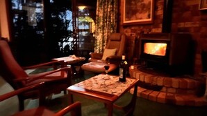 A cozy living room with a fireplace, leather chairs, a small table with a bottle, and a television. - Towering Gums (Lilli Pilli)