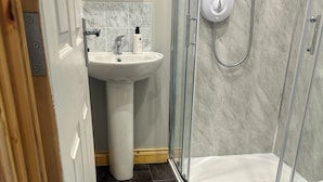 A bathroom with a glass-enclosed shower, a pedestal sink, and a toilet. -  Bambi's Hideaway (Castlewellan)