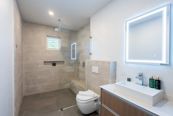 Un baño moderno con ducha, inodoro y tocador.