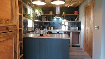 Cabin | Private kitchen | Fridge, microwave, oven, stovetop