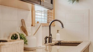 A kitchen with a stainless steel sink, white tiles, a wooden rack, and a potted plant.