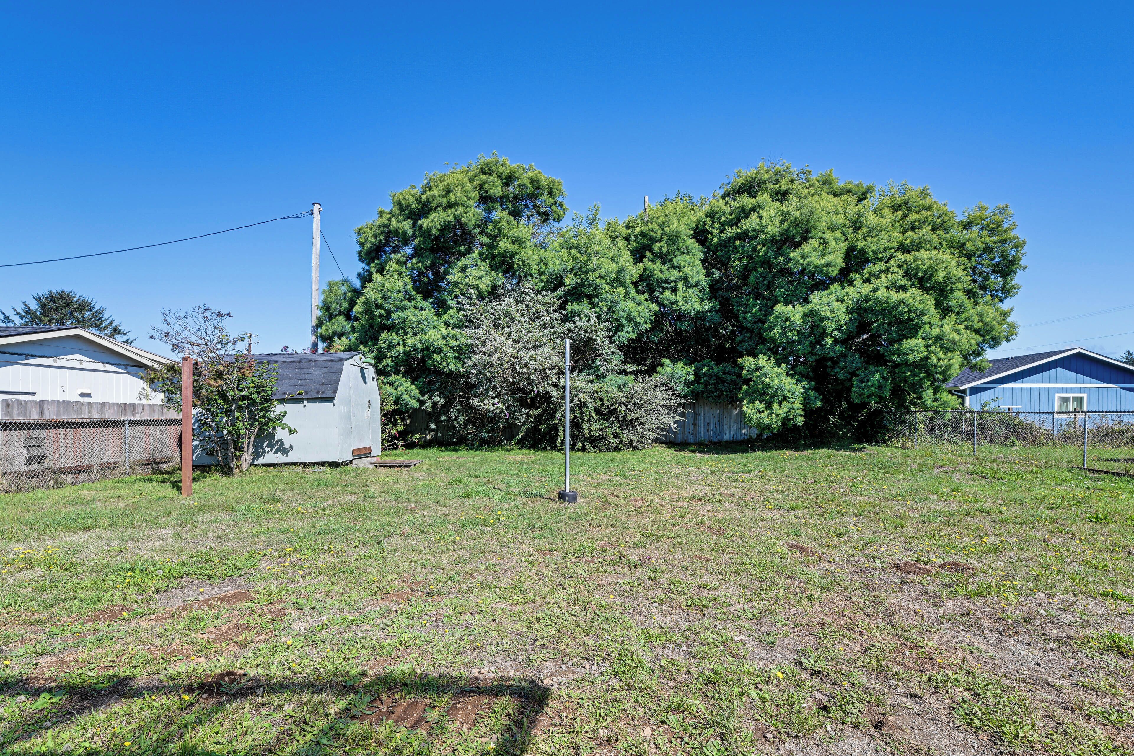 A grassy yard with a tall utility pole, a small shed, and a large tree.