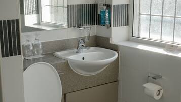 A modern bathroom with a toilet, sink, and window.