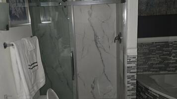 Hair dryer, towels, soap, shampoo