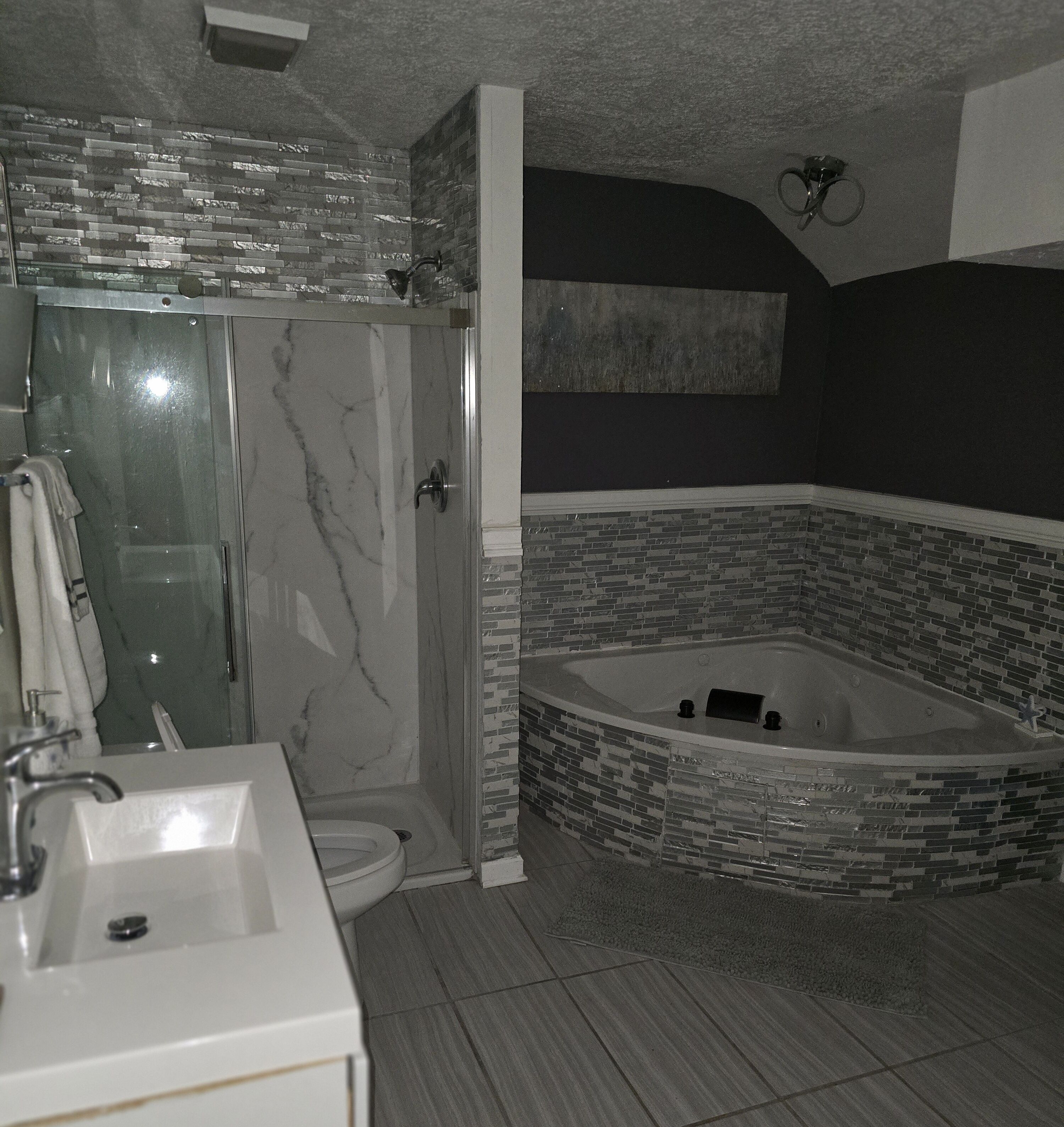 Hair dryer, towels, soap, shampoo