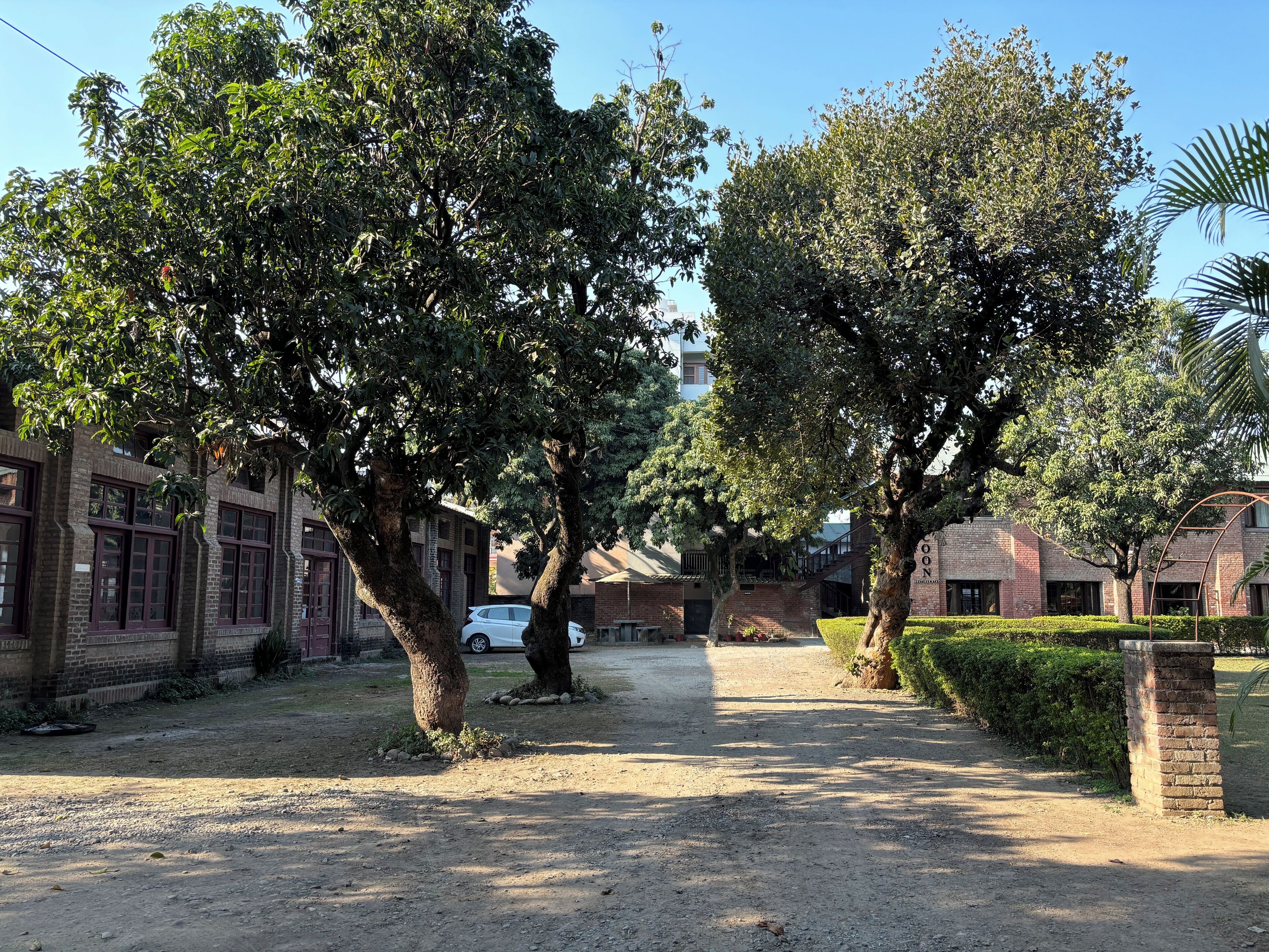 Un sentiero fiancheggiato da alberi e un edificio in mattoni con un cartello che riporta la scritta "COON".