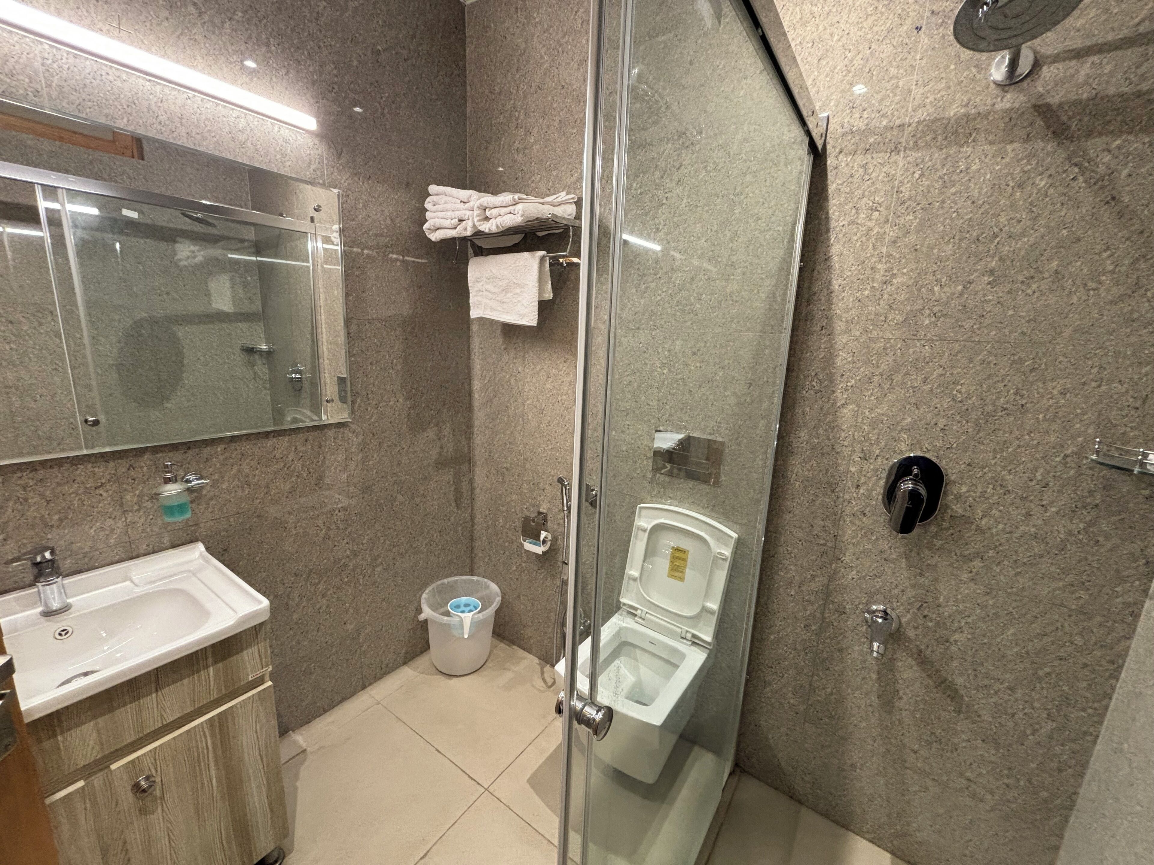 Et moderne badeværelse med en glasbrusekabine, en vask og et toilet.