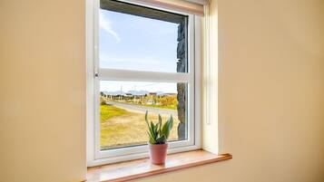Ventana con vistas a un paisaje rural, una planta en maceta en el alféizar y una rejilla debajo.