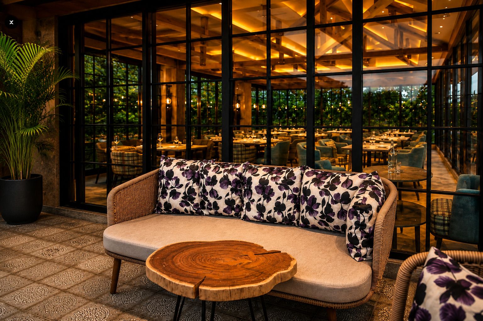 An indoor seating area with a sofa and round wooden table, large windows, and a view of the outdoor dining area.