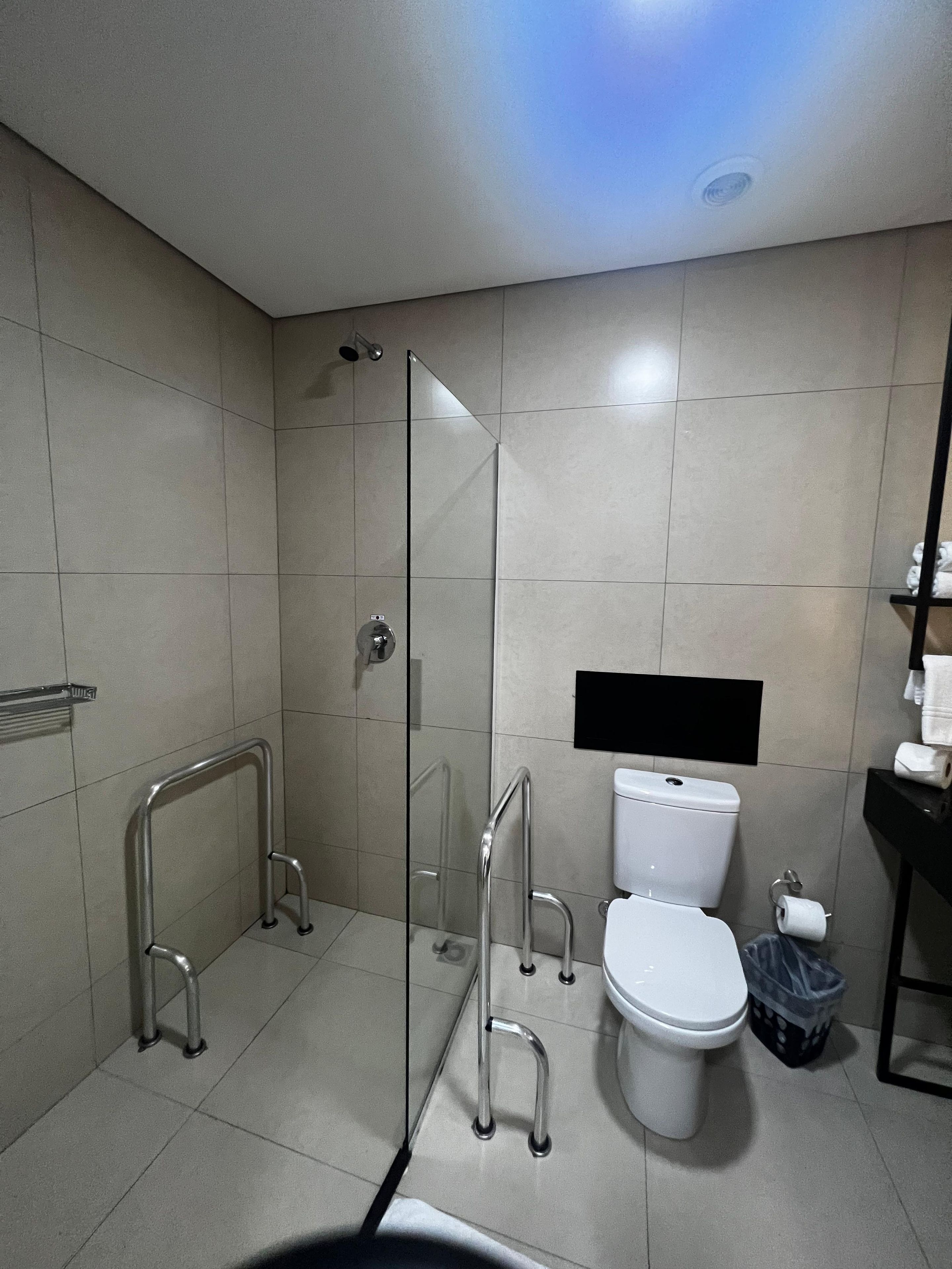 A modern bathroom with a glass shower enclosure, a toilet, and a sink.