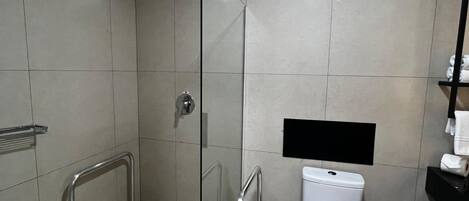 A modern bathroom with a glass shower enclosure, a toilet, and a sink.