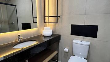 Chuveiro, secador de cabelo, toalhas de banho, sabonete