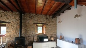 Habitació rústica amb paret de pedra, una llar de foc, televisió i un sofà.