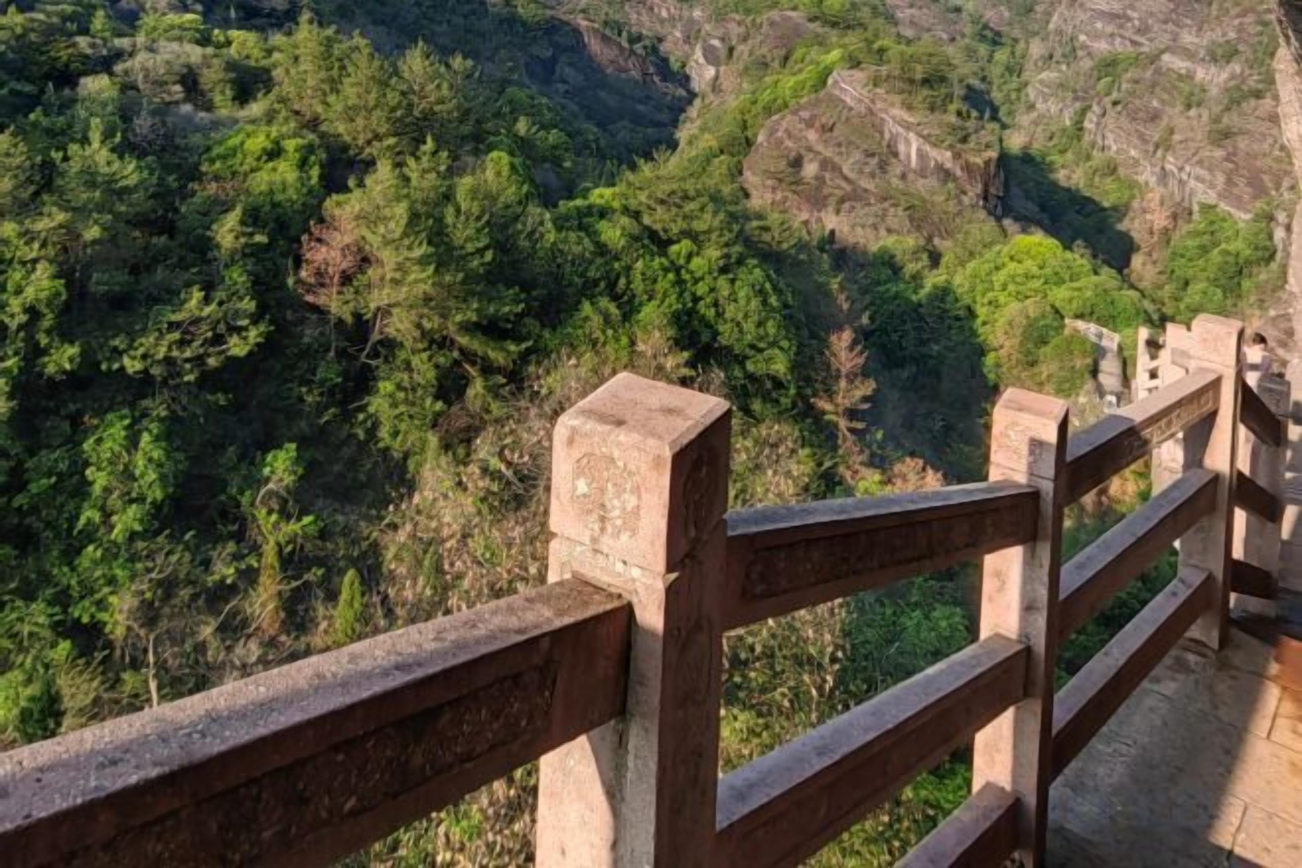 Une balustrade en bois surplombe une vallée boisée.