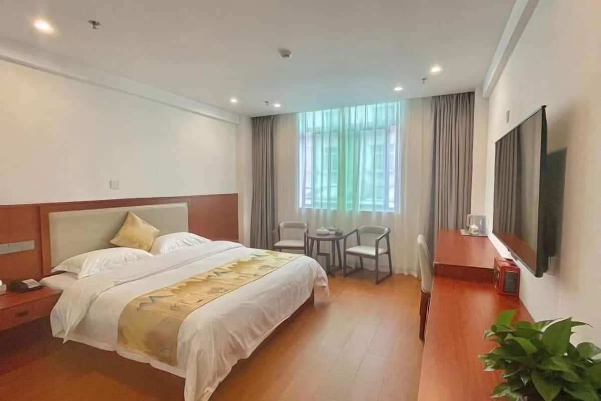 Une chambre d’hôtel avec un lit, une table de chevet, une télévision, des chaises et une fenêtre avec des rideaux.