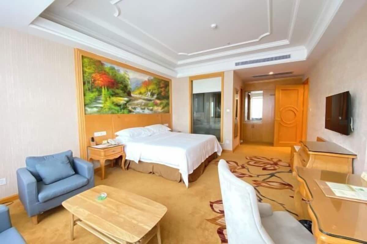Quarto de hotel com cama, escrivaninha, cadeira, sofá e televisão.