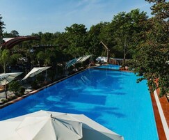 Una piscina al aire libre, camas de piscina con cargo, sombrillas