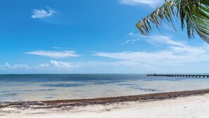 Ein Strand mit blauem Himmel, ruhigem Wasser und einem Steg, der ins Meer führt.