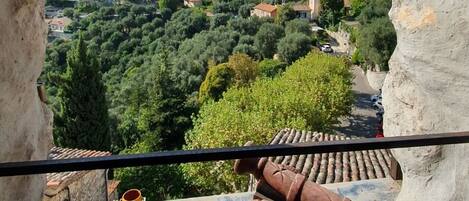 Un balcon offrant une vue sur un paysage montagneux, une sculpture rustique en bois et un sol carrelé.