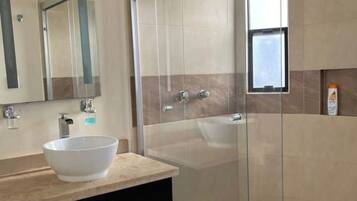 Shower, towels, soap, toilet paper
