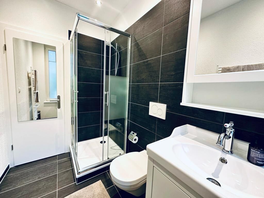 Un baño moderno con cabina de ducha de vidrio, inodoro blanco y lavabo blanco con espejo arriba.