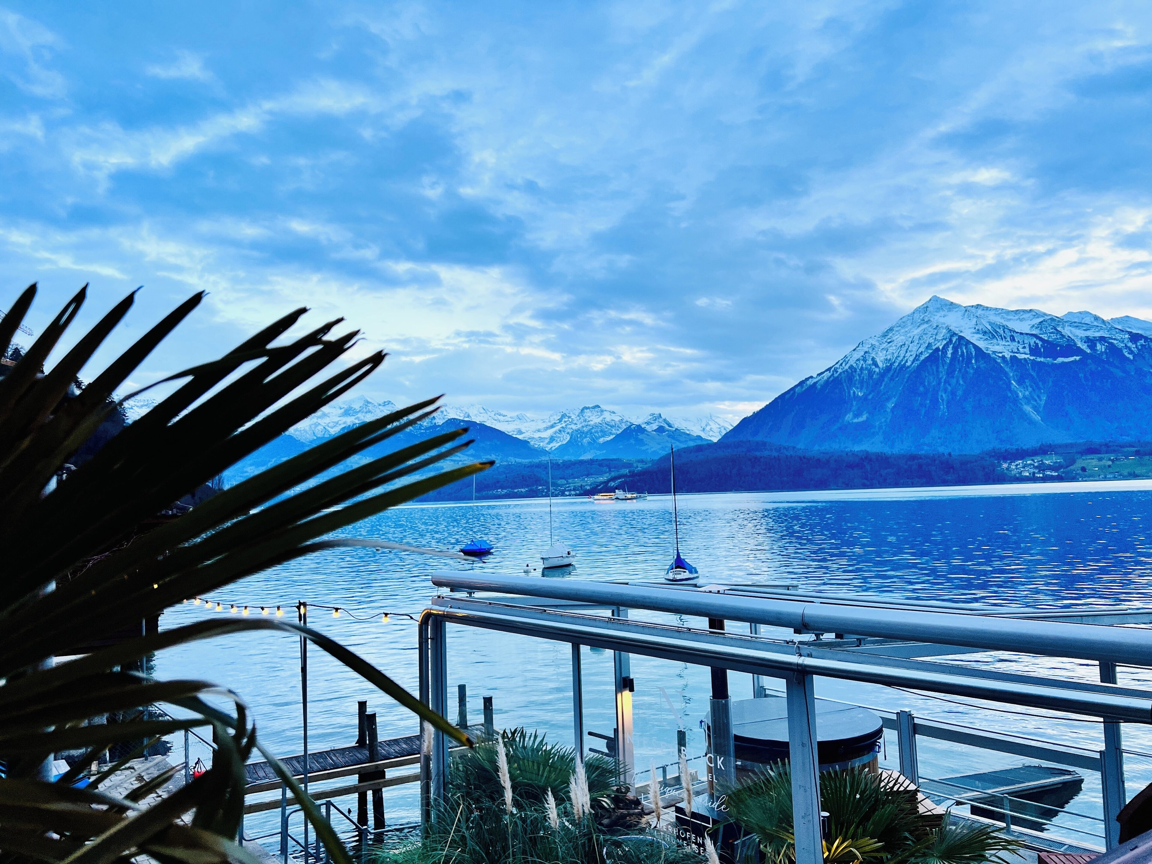 Vista de un lago con barcos, montañas y una terraza con plantas.