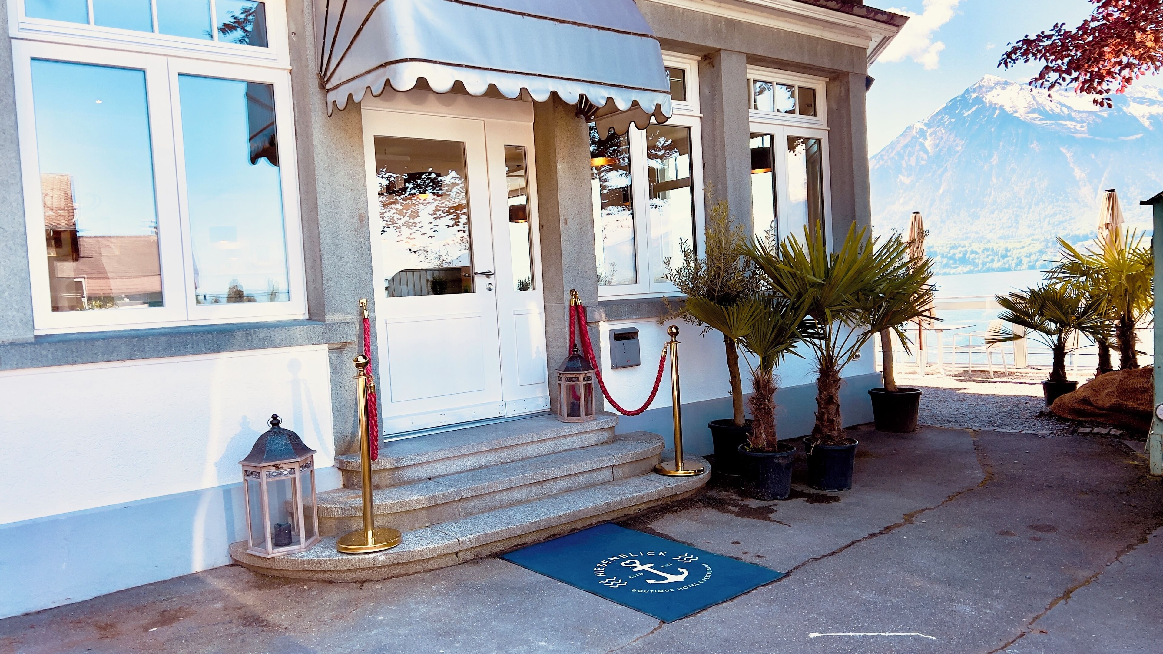 A hotel entrance with a red carpet, steps leading up to the door, and potted plants.