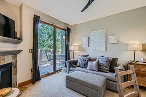 Condo, 1 Queen Bed with Sofa bed, Balcony, Mountain View (Highland Greens Escape) | Living area | 42-inch flat-screen TV with digital channels, fireplace - Cozy 1BR Near Trails w/ Shuttle to Slopes and Town (Breckenridge)