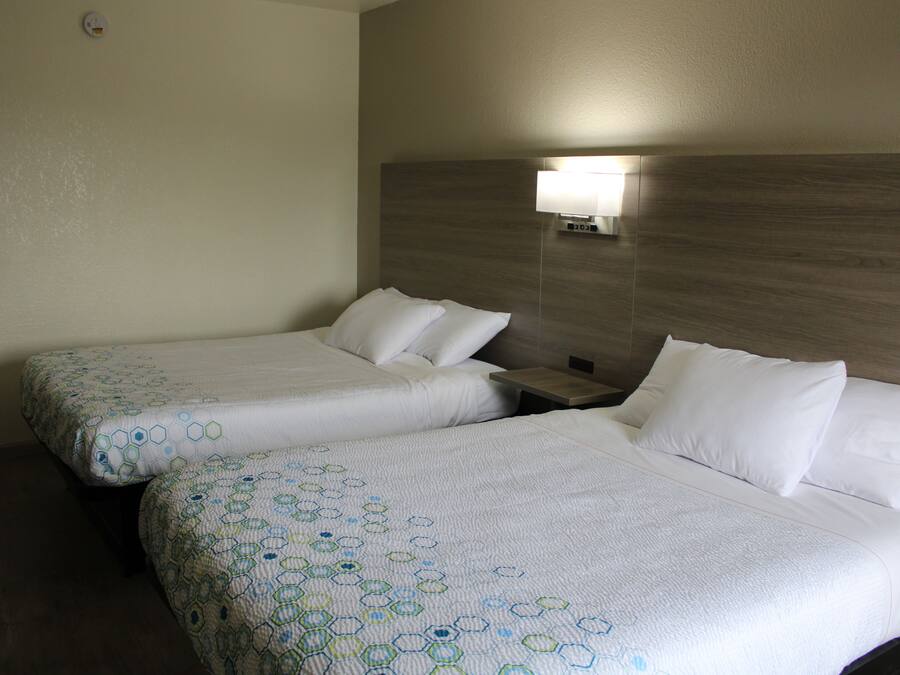 Quarto de hotel com duas camas de solteiro, cada uma com colcha branca e almofadas a combinar. Há uma mesinha de cabeceira entre as camas e um abajur fixado na parede acima da cabeceira.