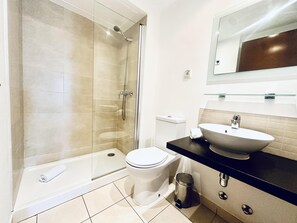 Appartement | Salle de bain | Douche, sèche-cheveux, serviettes fournies, papier toilette