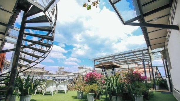 Un jardin sur le toit agrémenté d’un escalier en colimaçon, de plantes en pot et de coins salon extérieurs.