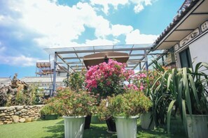 A garden with potted plants and a pergola structure. - Zuimei Dali Boutique Inn (Dali City)