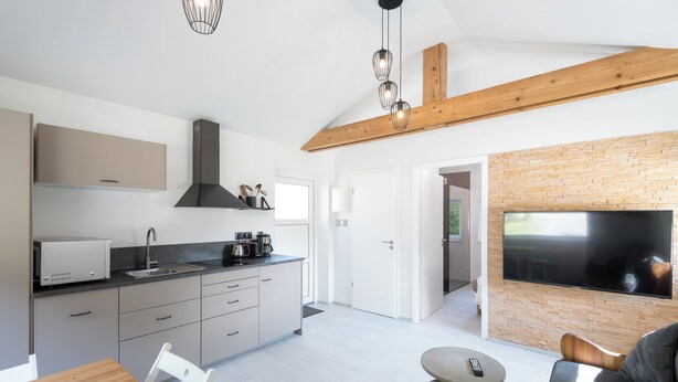 A modern kitchen with a built-in oven, a dining area with a wooden table and white chairs, and a living room with a gray sofa and a flat-screen TV mounted on a brick wall. - Chalet du Petit-Bouchot : cosy, private spa, 2p (Rochesson)