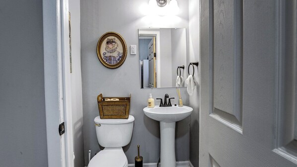 A bathroom with a toilet, sink, and a mirror. - Live in sophistication and elegance in your VRBO home (Rochester)