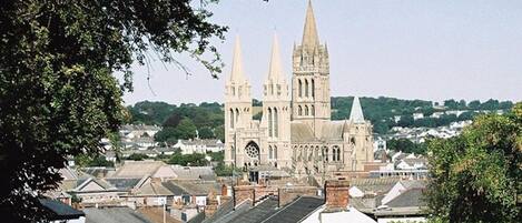 A cathedral with three spires, surrounded by residential buildings.