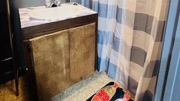 Shower, hair dryer, towels, shampoo