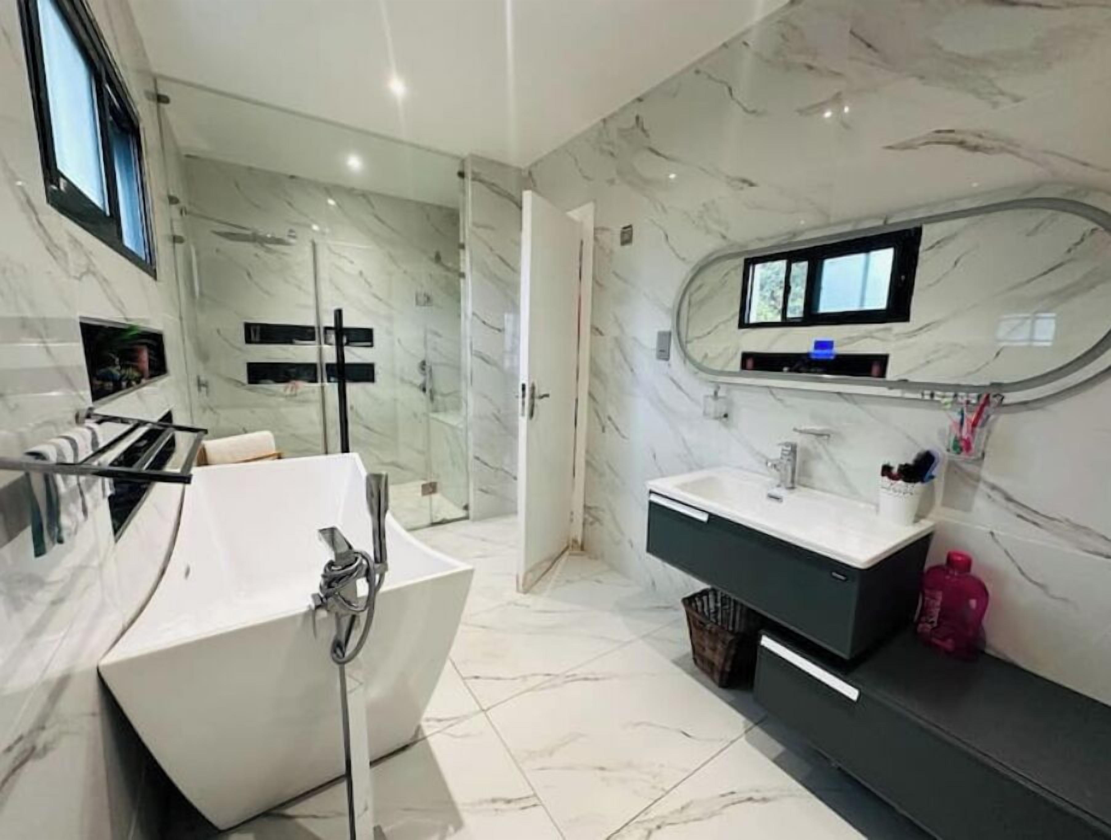 Hair dryer, towels, soap, toilet paper