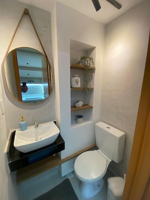 A bathroom with a white sink, a mirror, a toilet, and a shelf with a plant. - Duplex Vista Piscina by La Playa (Ipojuca)