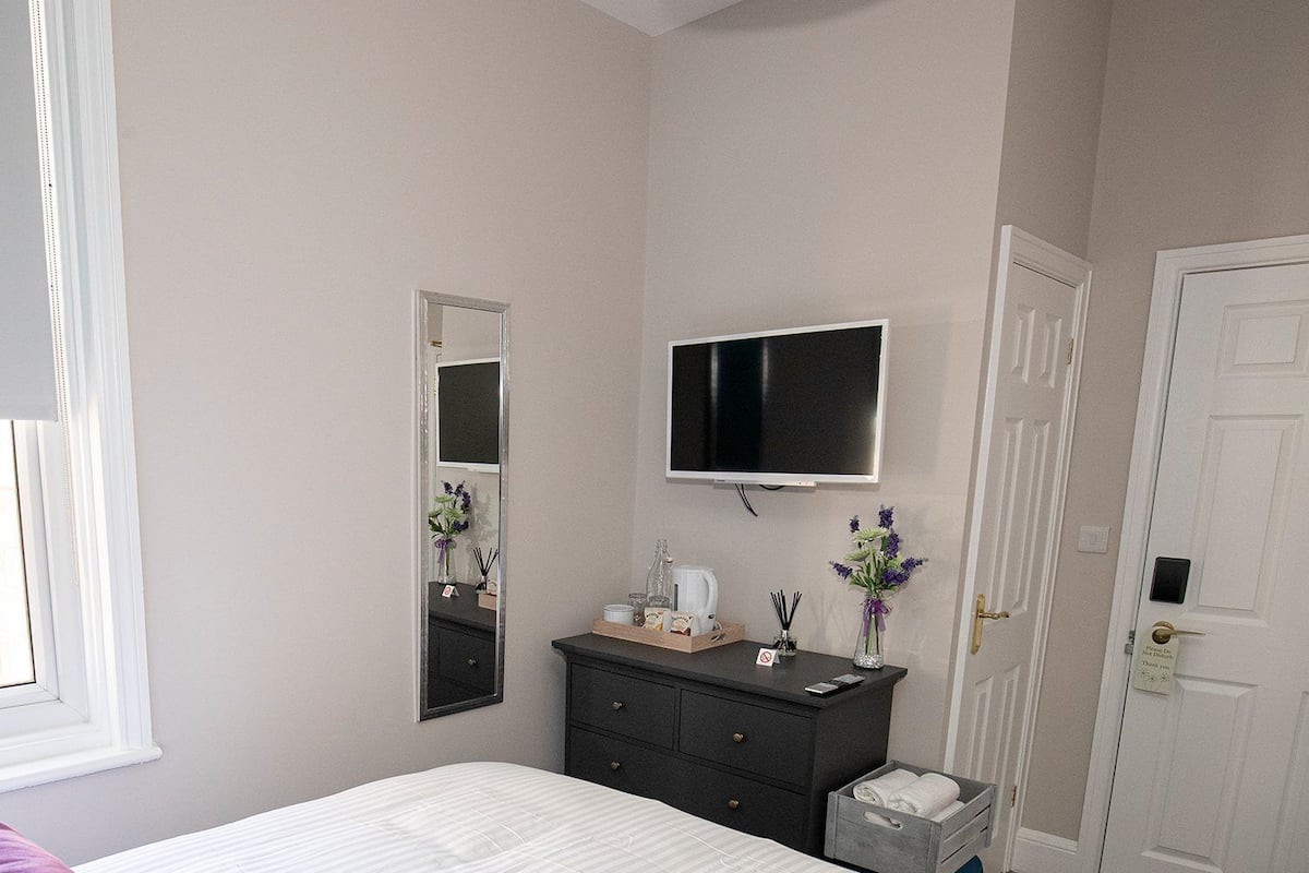 Un dormitorio con una cama, un tocador, un televisor, un espejo y una puerta.