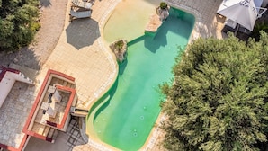 Vista aérea de una piscina rodeada de sillones de descanso y sombrillas, todo en un entorno de vegetación.