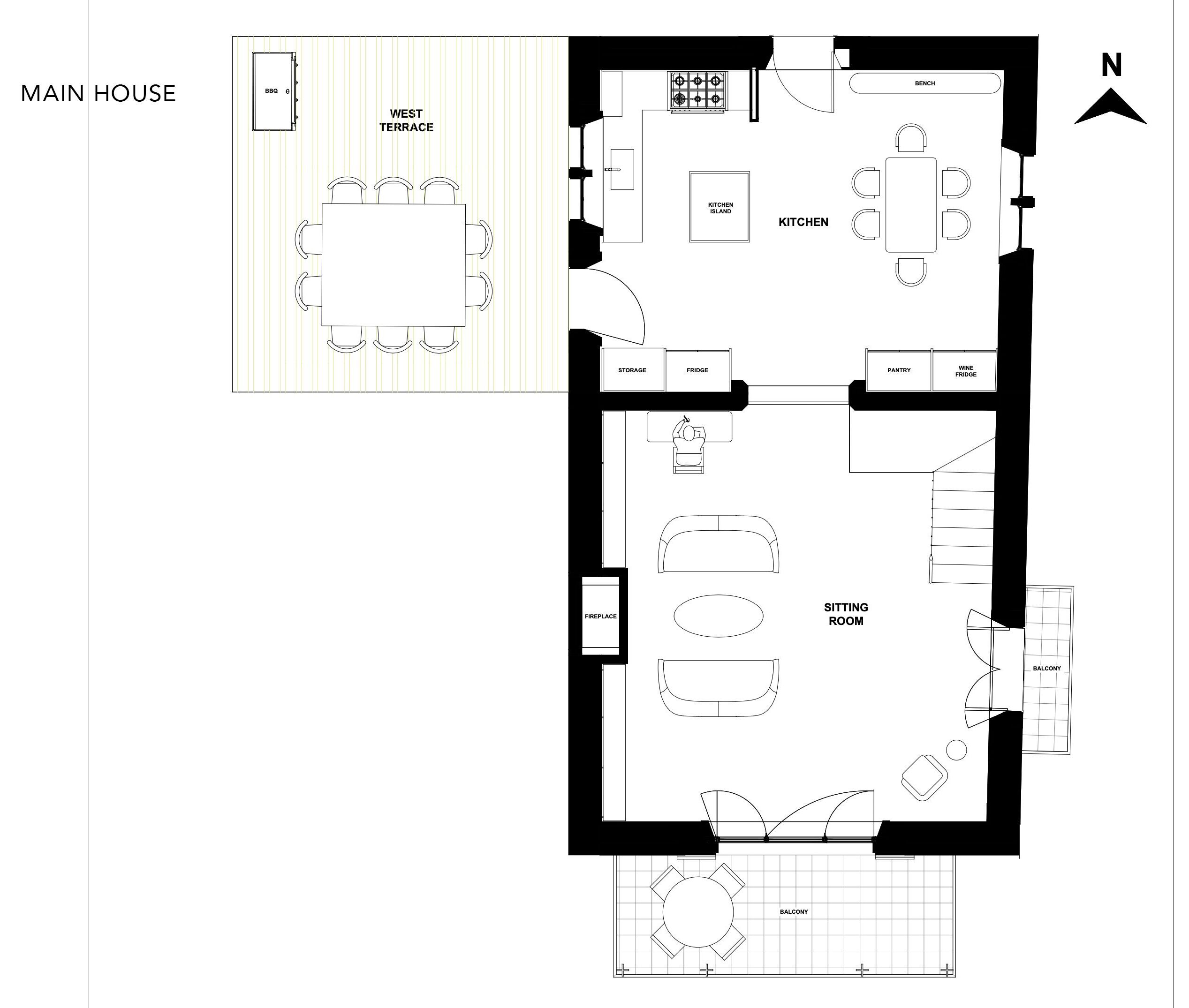 A floor plan of a main house with a west terrace, kitchen, sitting room, and balcony.