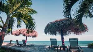 Une plage bordée de palmiers, dotée de parasols en chaume et de chaises longues.