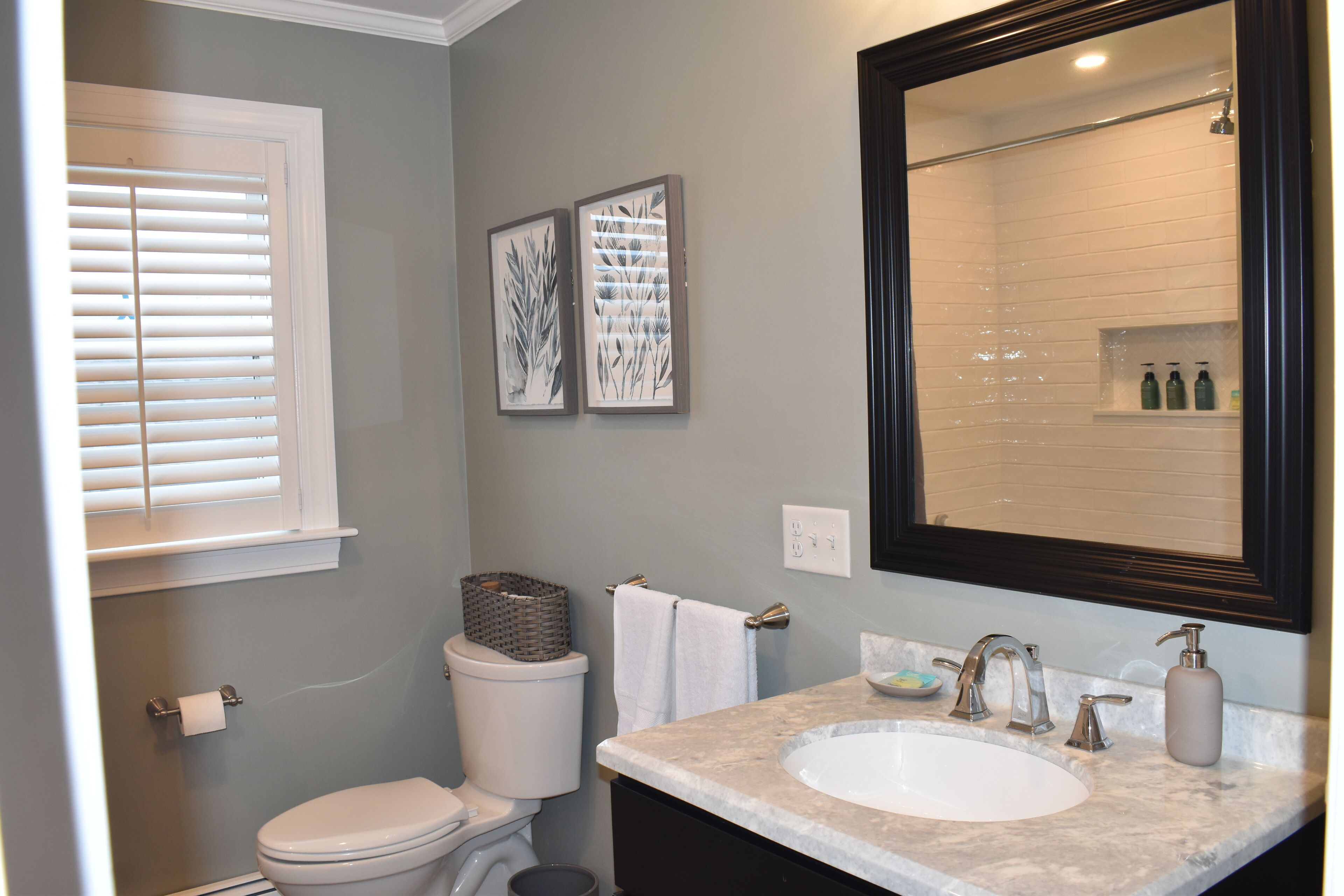 Hair dryer, towels, soap, toilet paper