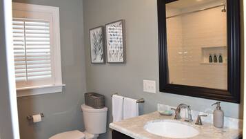 Hair dryer, towels, soap, toilet paper