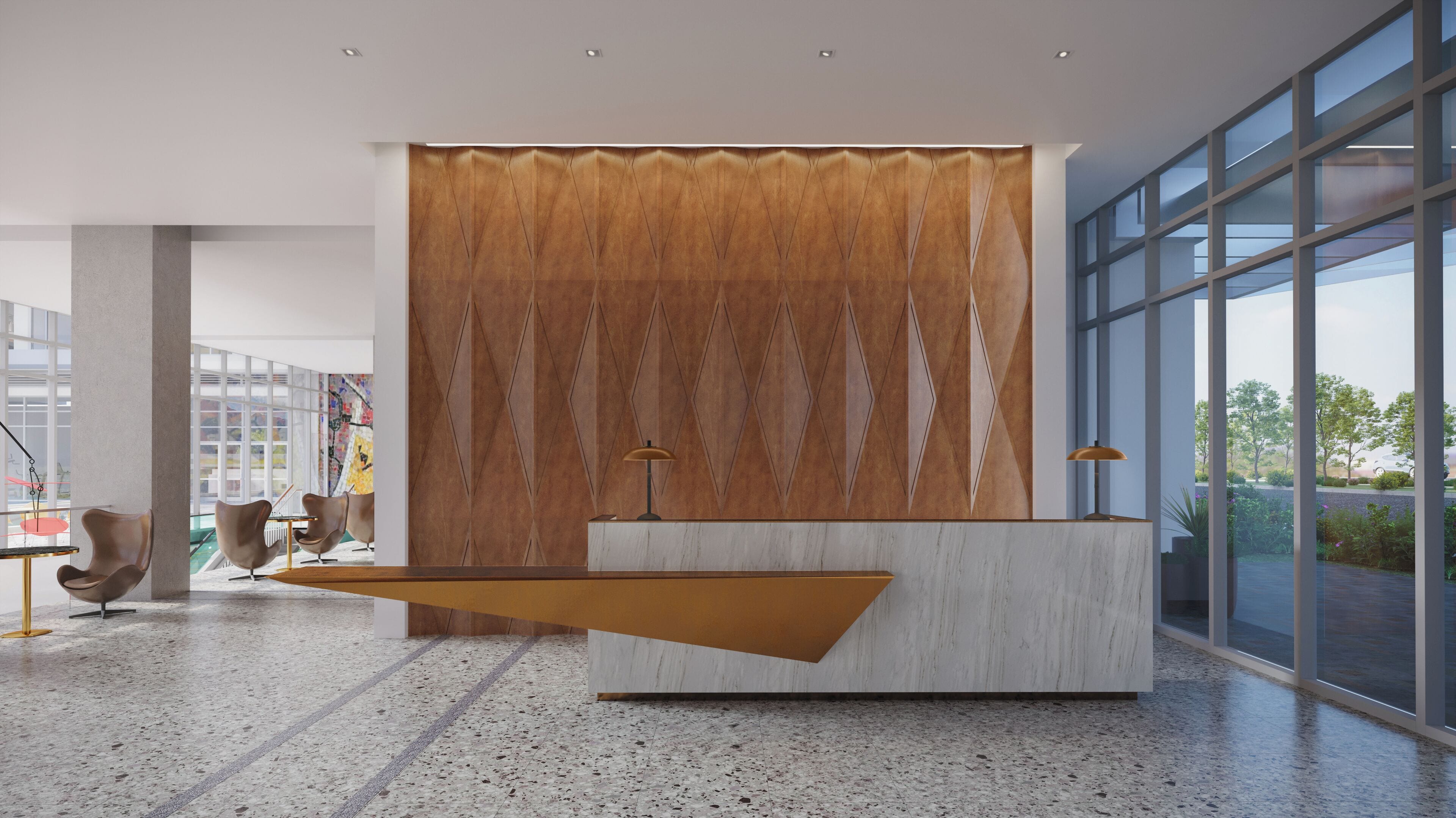 Un espace d’accueil moderne avec un comptoir en marbre, une grande fenêtre donnant sur un paysage verdoyant et des chaises au design contemporain.