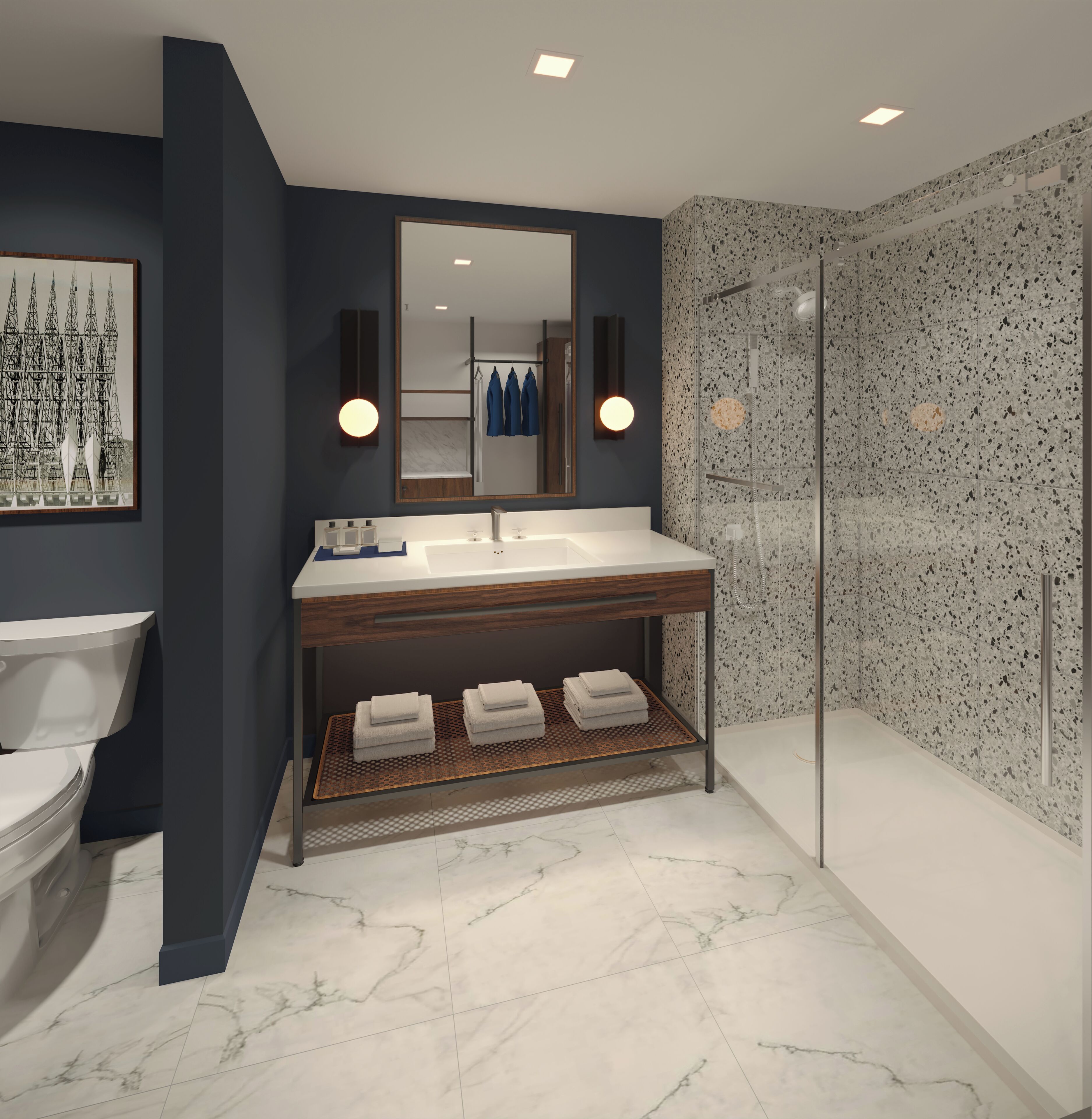 A modern bathroom with a large mirror, a sink, and a shower.