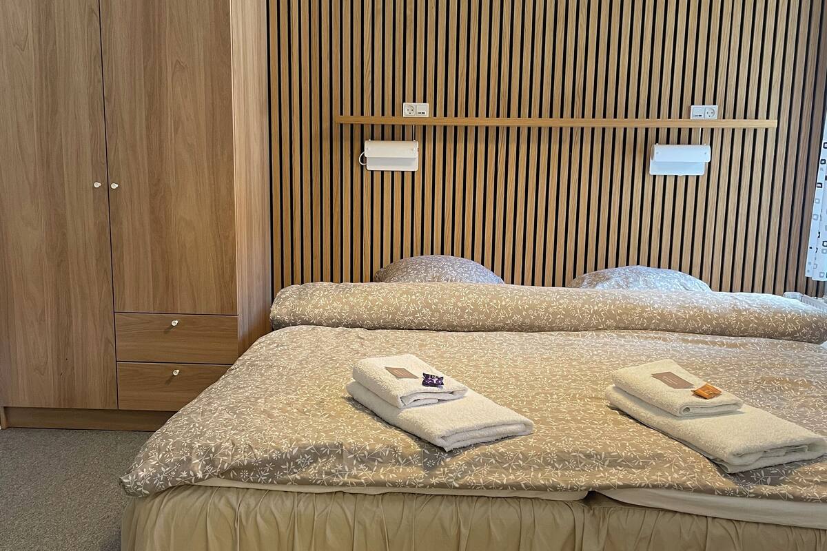 Ein Schlafzimmer mit einem großen Bett, einem Kleiderschrank und einer Wand aus Holzlamellen.