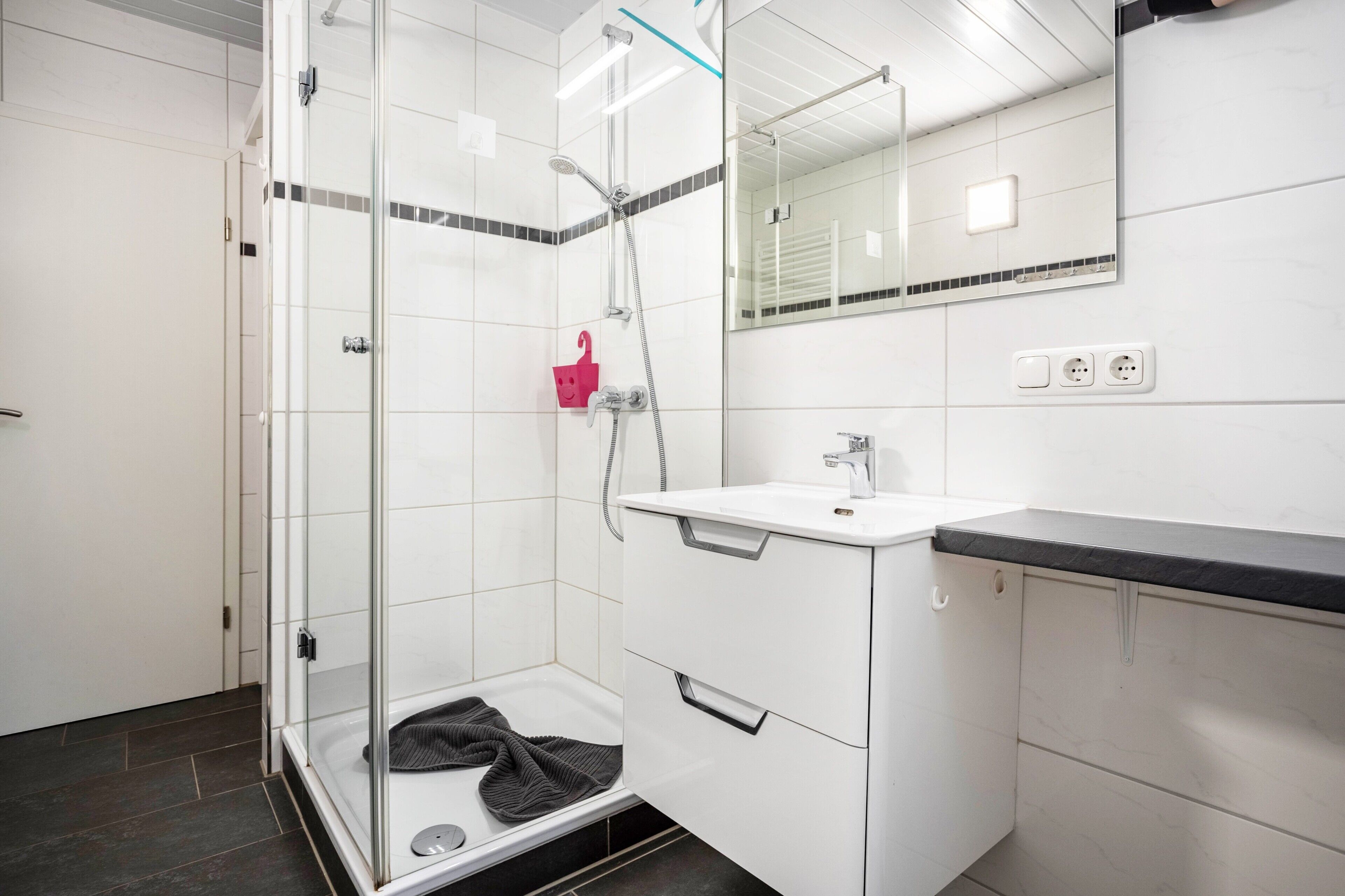 Shower, hair dryer, towels