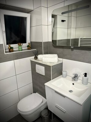 Shower, hair dryer, towels, toilet paper - Apartment 'Deluxe -  'Andrei 2'' with Balcony and Wi-Fi (Neuburg an der Donau)