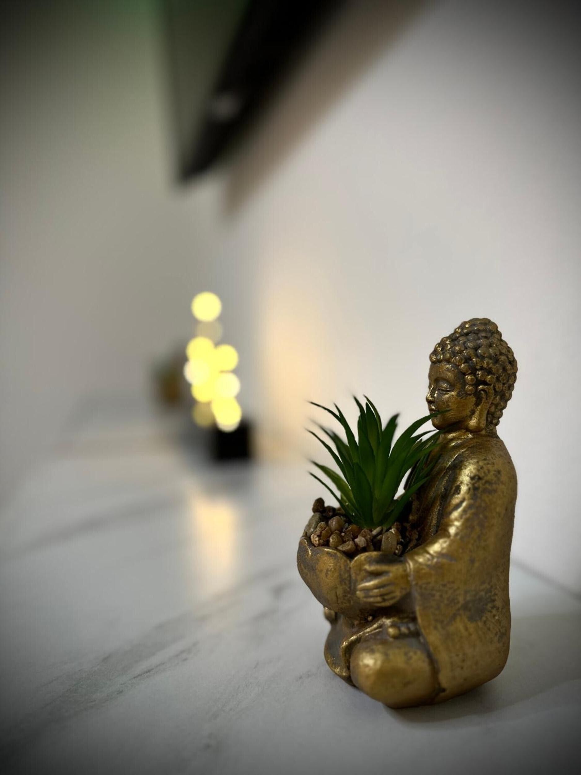 Une statue de Bouddha en or, tenant une plante, est posée sur une surface en marbre, avec des lumières floues en arrière-plan.